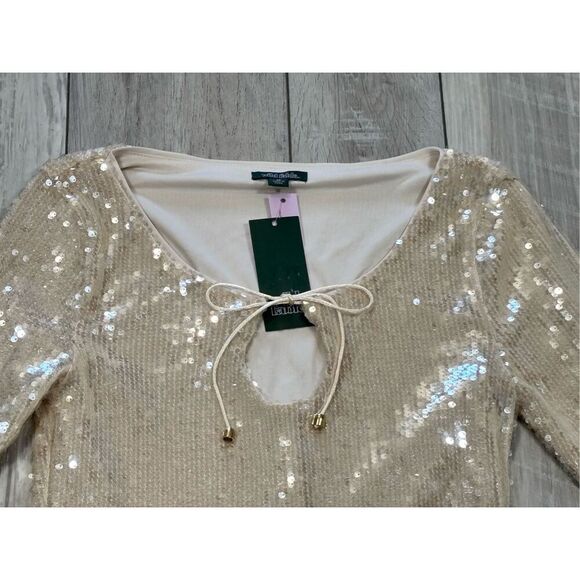 Wild Fable sequin holiday bell sleeve semi crop top elegant bling cream blouse s - Picture 3 of 10